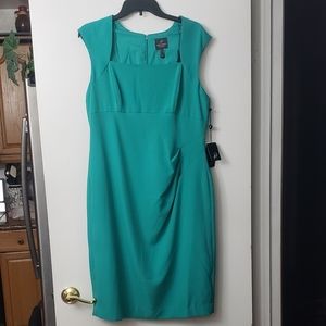 Adrianna Papell Carribean Blue Square Neckline Asymmetrical Pleated Sheath Dress